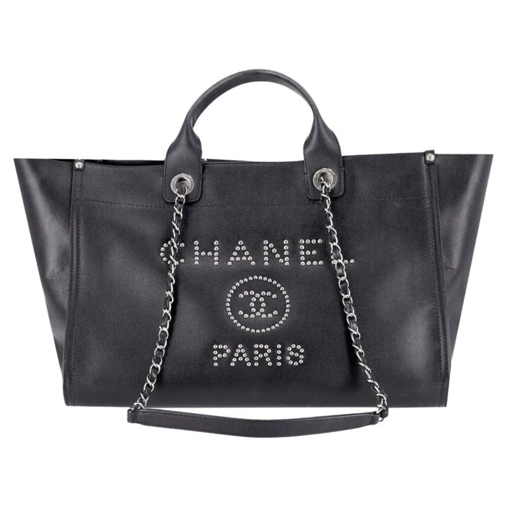 Chanel Deauville Studded Caviar Leather Logo Large Tote Bag